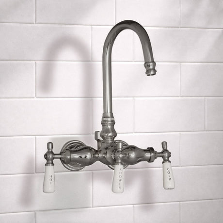 Gooseneck Leg Tub Wall-Mount Diverter Faucet with Porcelain Handles