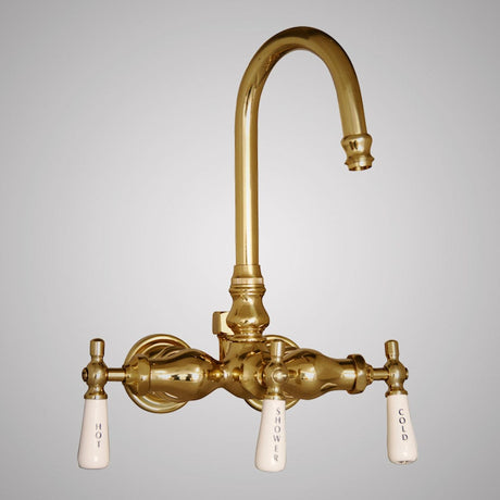 Gooseneck Leg Tub Wall-Mount Diverter Faucet with Porcelain Handles