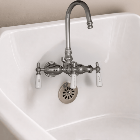 Gooseneck Leg Tub Wall-Mount Diverter Faucet with Porcelain Handles