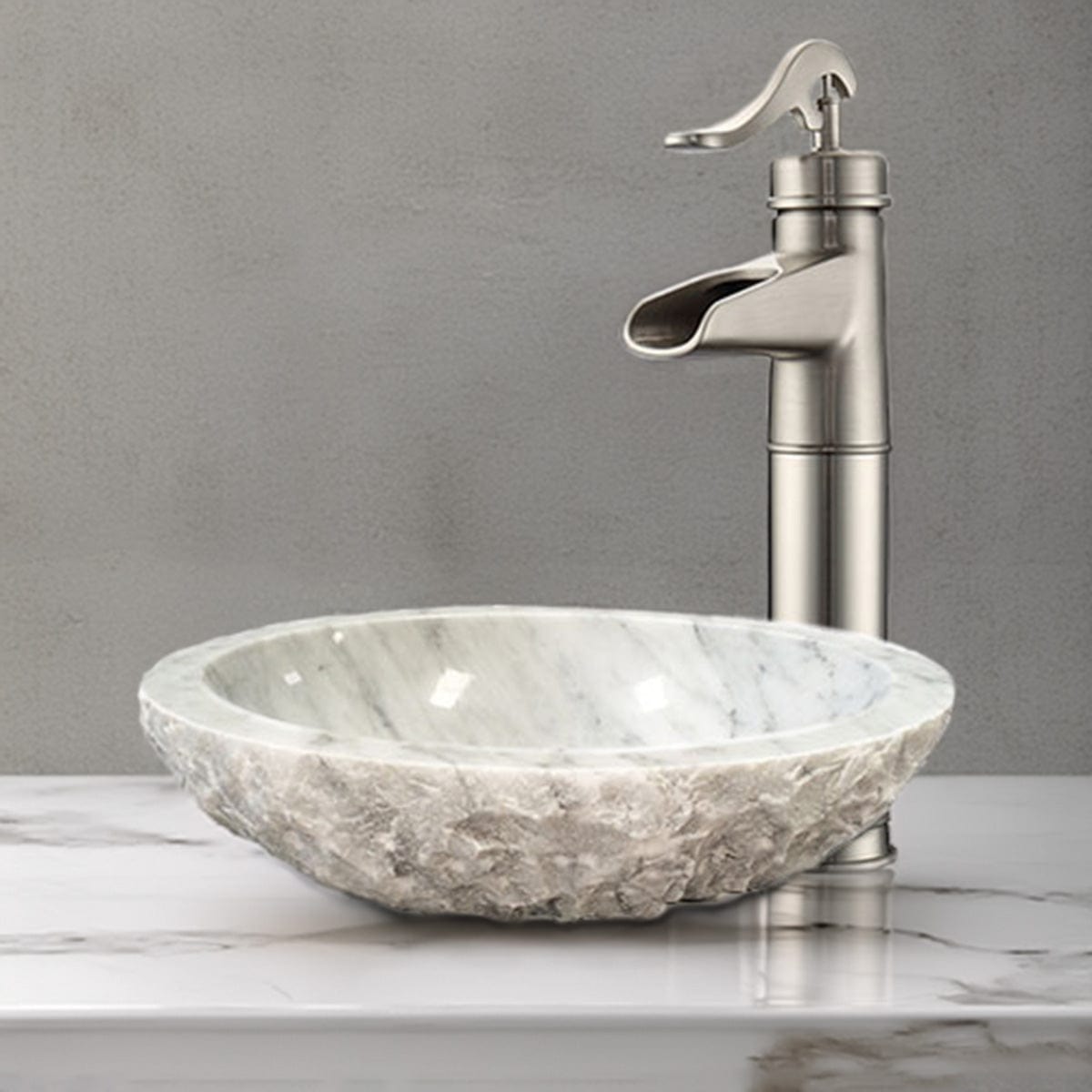 Heglar Polished Carrara Marble Vessel Sink - Chiseled Exterior