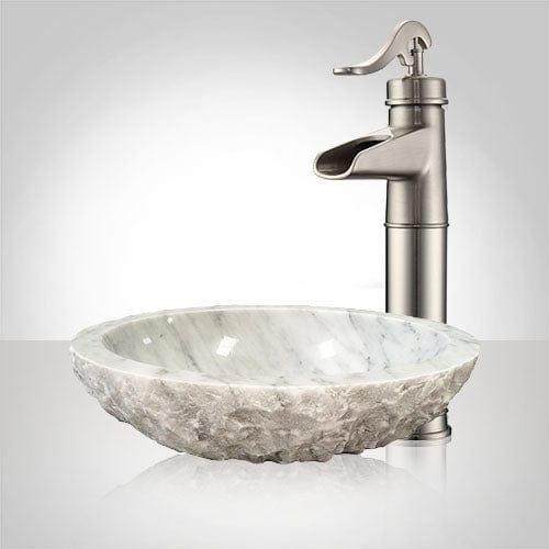 Heglar Polished Carrara Marble Vessel Sink - Chiseled Exterior