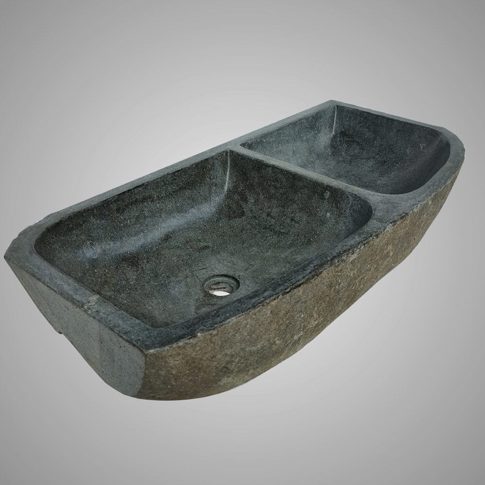 Janavy River Stone Double-Bowl Vessel Sink with Polished Interior