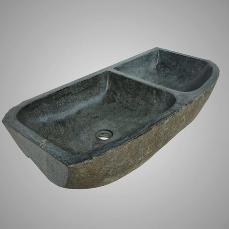 Janavy River Stone Double-Bowl Vessel Sink with Polished Interior