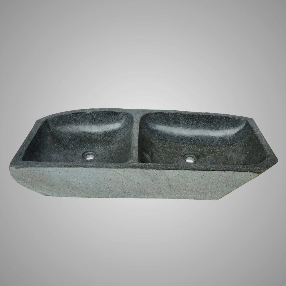 Janavy River Stone Double-Bowl Vessel Sink with Polished Interior