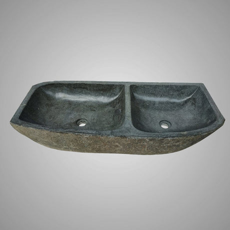Janavy River Stone Double-Bowl Vessel Sink with Polished Interior