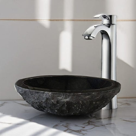 Karval Polished Black Granite Vessel Sink - Chiseled Exterior