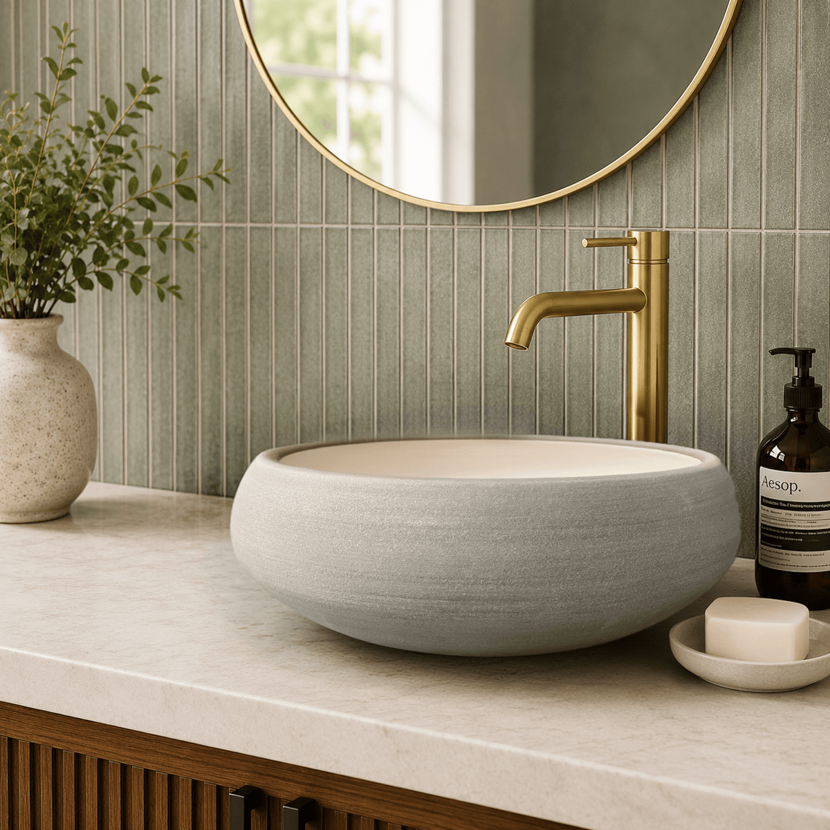 Marina Round Vessel Ceramic Concrete Sink - Satin White Ceramic Interior with Light Grey Exterior