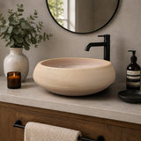 Marina Round Vessel Ceramic Concrete Sink - Satin White Ceramic Interior with Sand Exterior