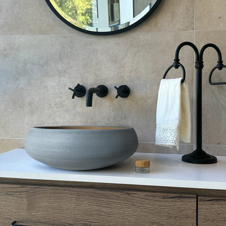 Marina Round Vessel Ceramic Concrete Sink - Smooth Mocha Ceramic Interior with Textured Aquamarine Exterior
