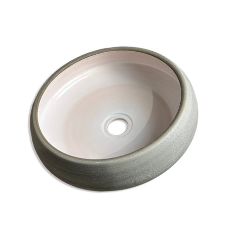 Marina Round Vessel Ceramic Concrete Sink - Smooth White Ceramic Interior with Textured Light Grey Exterior