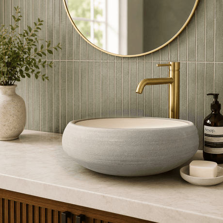 Marina Round Vessel Ceramic Concrete Sink - Smooth White Ceramic Interior with Textured Light Grey Exterior