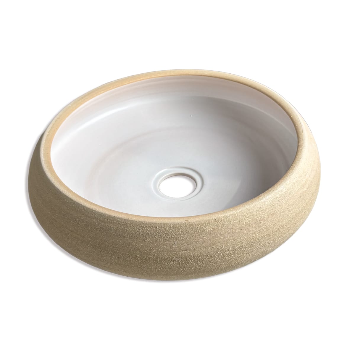 Marina Round Vessel Ceramic Concrete Sink - Smooth White Ceramic Interior with Textured Sand Exterior