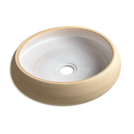 Marina Round Vessel Ceramic Concrete Sink - Smooth White Ceramic Interior with Textured Sand Exterior