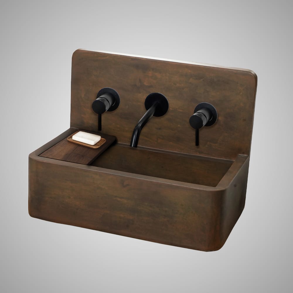 Matteo Concrete Wall-Mount Bathroom Sink with Sliding Natural Wood Tray - Vintage Brown
