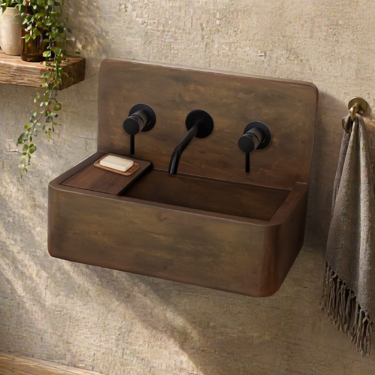 Matteo Concrete Wall-Mount Bathroom Sink with Sliding Natural Wood Tray - Vintage Brown