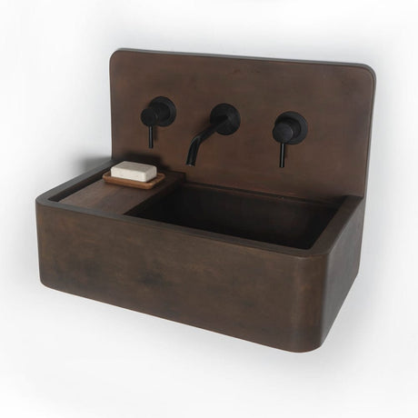 Matteo Concrete Wall-Mount Bathroom Sink with Sliding Natural Wood Tray - Vintage Brown