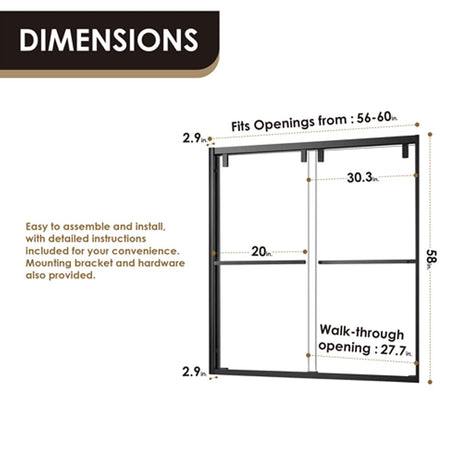 Maxwell 60" W x 58" H By Pass Semi Frameless Tub Door in Matte Black with Clear Glass