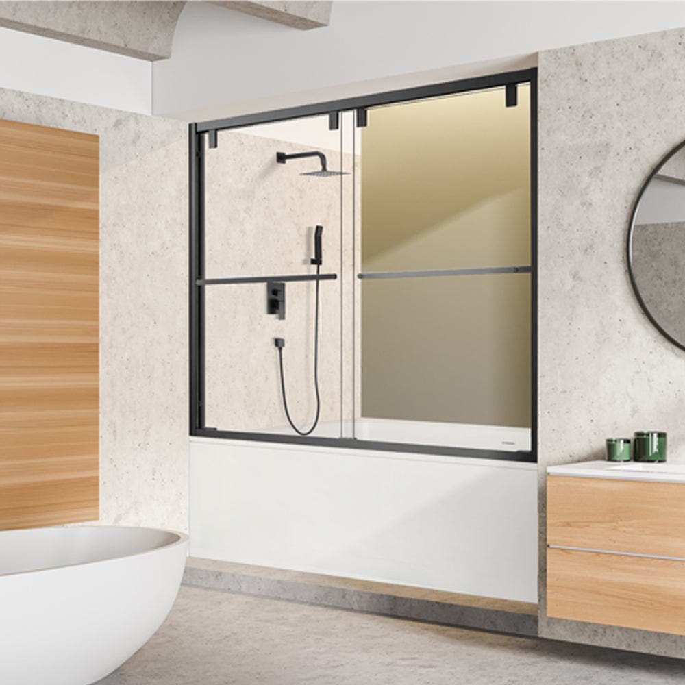 Maxwell 60" W x 58" H By Pass Semi Frameless Tub Door in Matte Black with Clear Glass