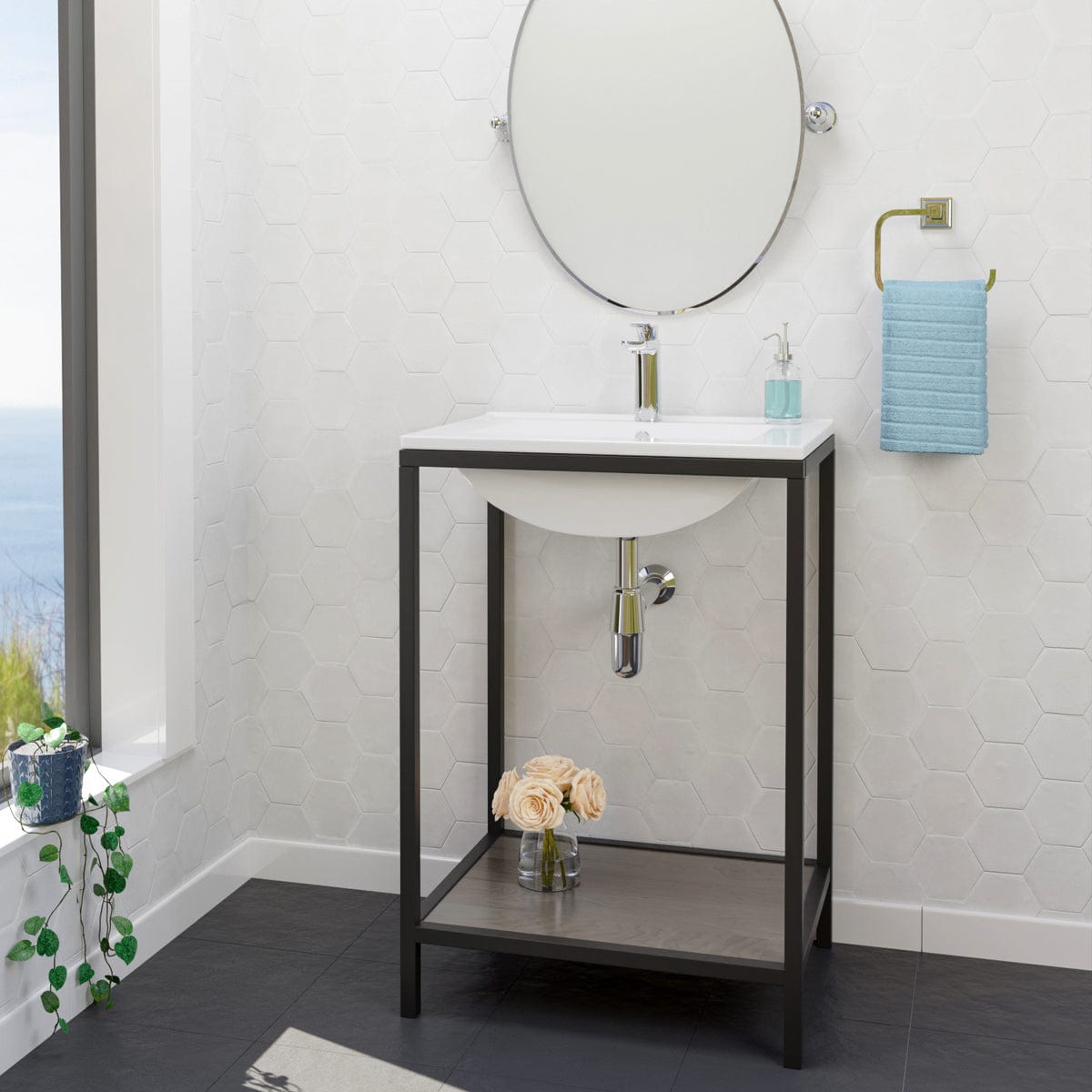 Regina Vitreous China Console Bathroom Sink with Black Powdercoat