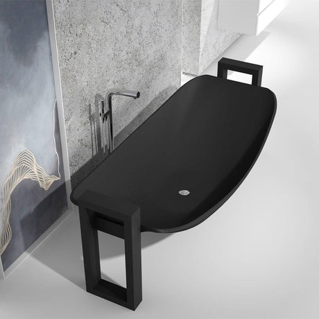 Rena Solid Surface Stone Resin Freestanding Extra Deep Hammock Bathtub with Black Powdercoat Steel Frame