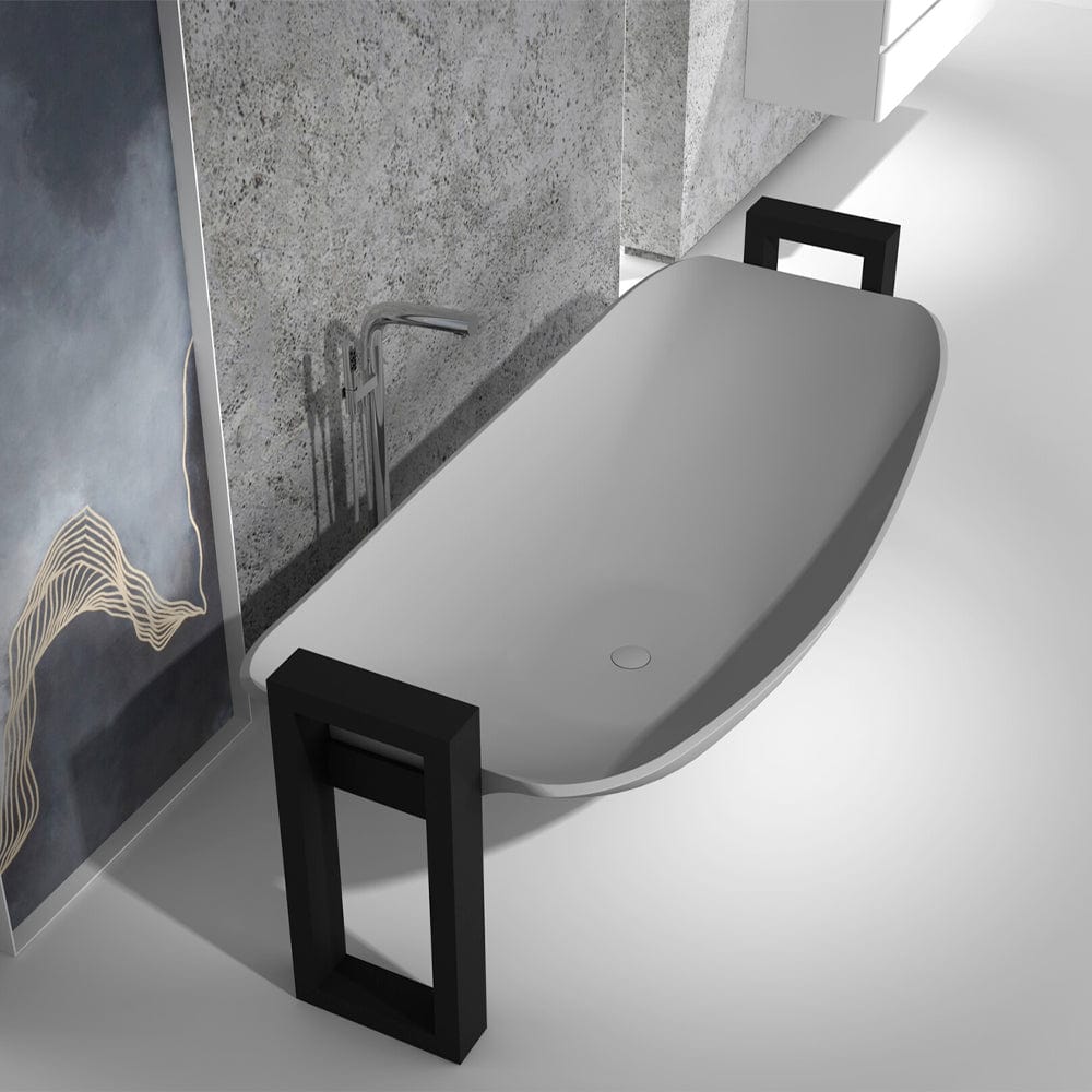 Rena Solid Surface Stone Resin Freestanding Extra Deep Hammock Bathtub with Black Powdercoat Steel Frame