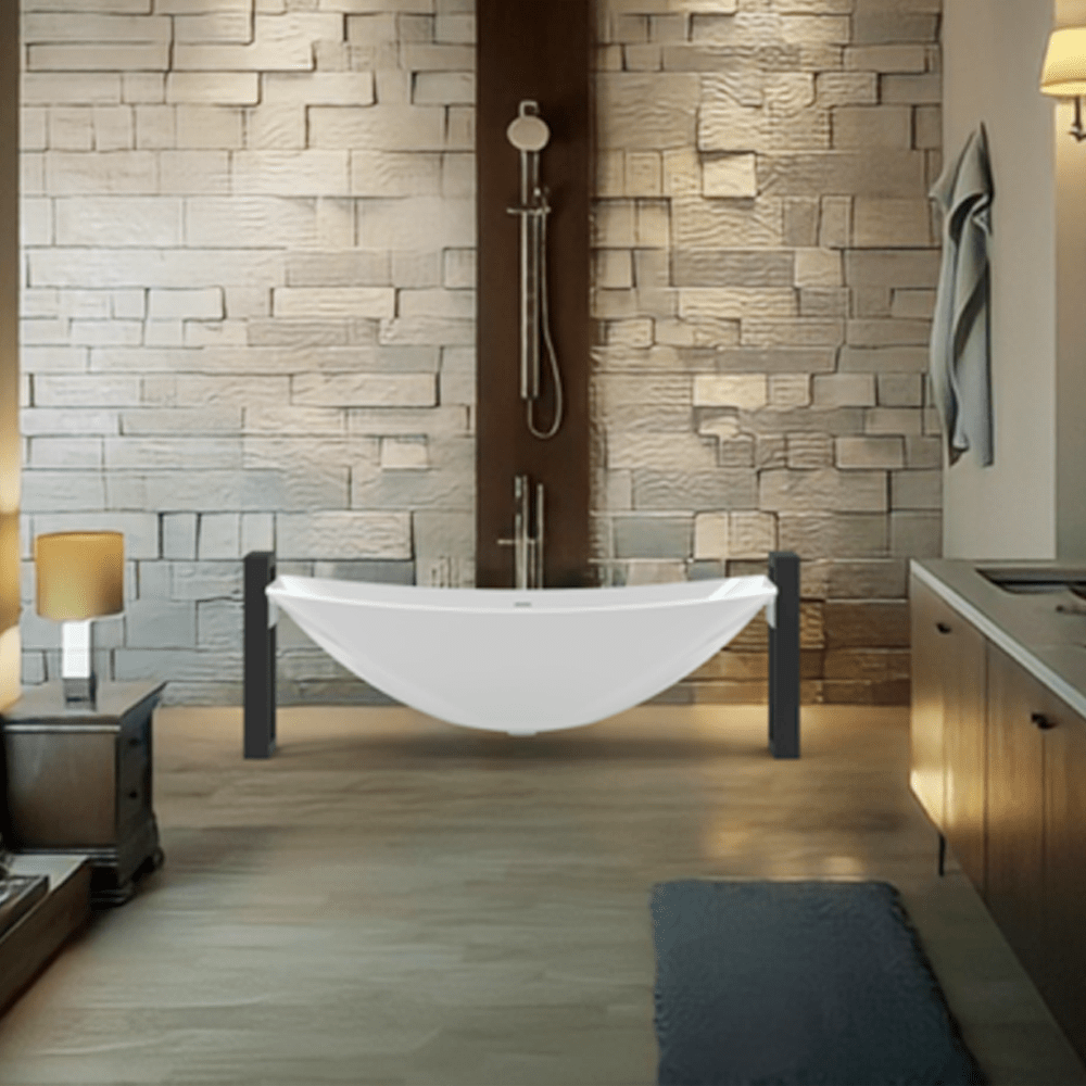 Rena Solid Surface Stone Resin Freestanding Extra Deep Hammock Bathtub with Black Powdercoat Steel Frame