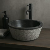 Retaka Marble Vessel Sink with Hammered Exterior - Polished Black Interior