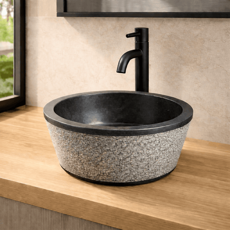 Retaka Marble Vessel Sink with Hammered Exterior - Polished Black Interior