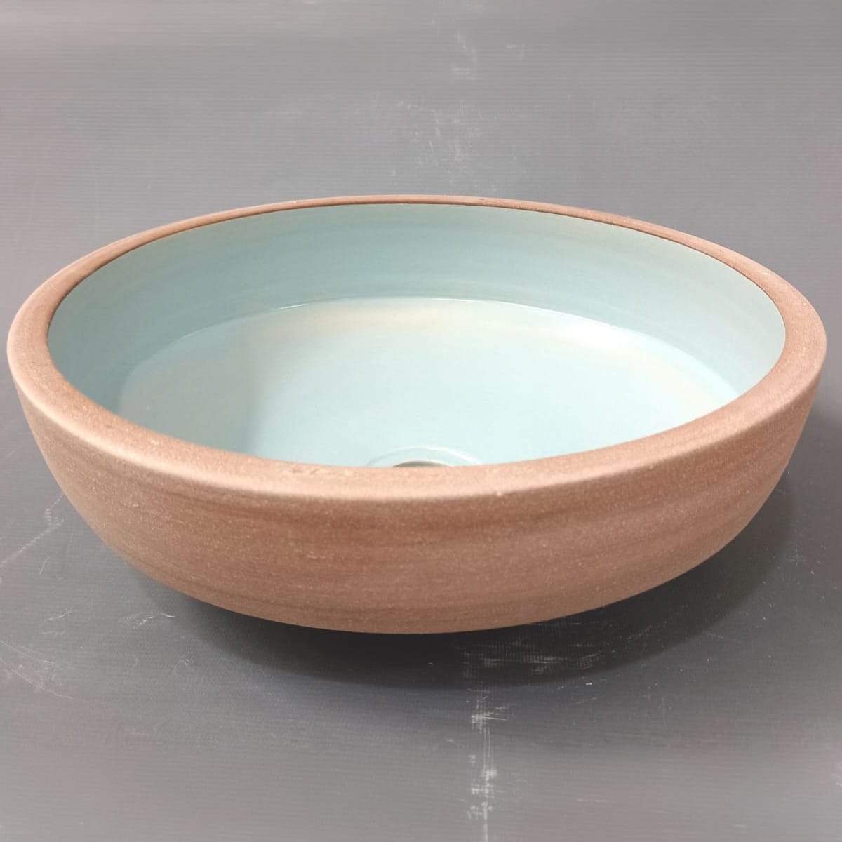 Selva Round Vessel Ceramic Concrete Sink - Aquamarine Ceramic Interior with Mocha Exterior