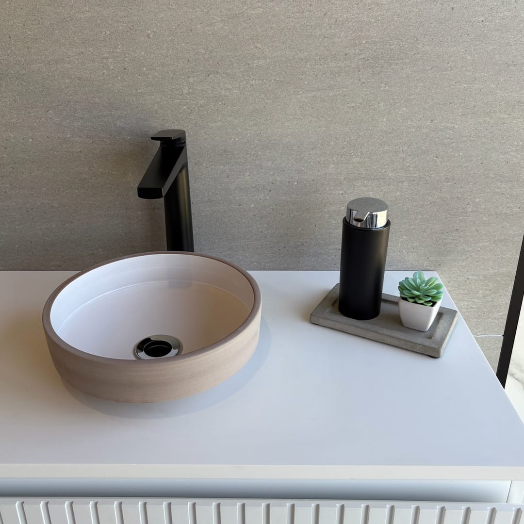 Selva Round Vessel Ceramic Concrete Sink - Satin White Ceramic Interior with Sand Exterior
