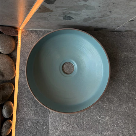 Selva Round Vessel Ceramic Concrete Sink - Smooth Aquamarine Ceramic Interior with Textured Mocha Exterior