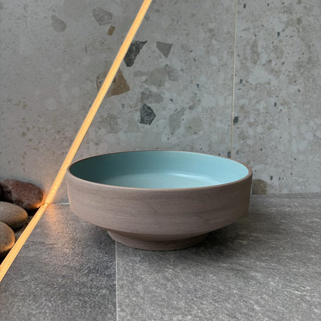 Selva Round Vessel Ceramic Concrete Sink - Smooth Aquamarine Ceramic Interior with Textured Mocha Exterior