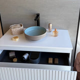 Selva Round Vessel Ceramic Concrete Sink - Smooth Aquamarine Ceramic Interior with Textured Mocha Exterior