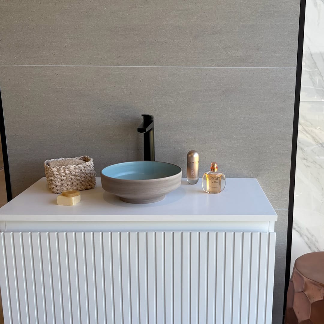 Selva Round Vessel Ceramic Concrete Sink - Smooth Aquamarine Ceramic Interior with Textured Mocha Exterior