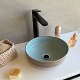 Selva Round Vessel Ceramic Concrete Sink - Smooth Aquamarine Ceramic Interior with Textured Mocha Exterior