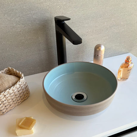Selva Round Vessel Ceramic Concrete Sink - Smooth Aquamarine Ceramic Interior with Textured Mocha Exterior