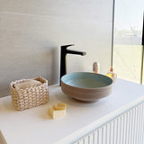 Selva Round Vessel Ceramic Concrete Sink - Smooth Aquamarine Ceramic Interior with Textured Mocha Exterior