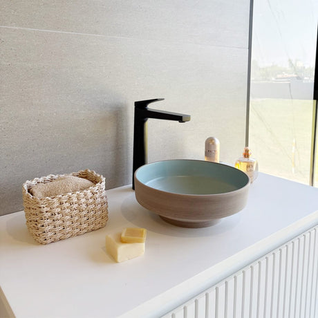 Selva Round Vessel Ceramic Concrete Sink - Smooth Aquamarine Ceramic Interior with Textured Mocha Exterior