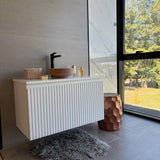 Selva Round Vessel Ceramic Concrete Sink - Smooth Aquamarine Ceramic Interior with Textured Mocha Exterior