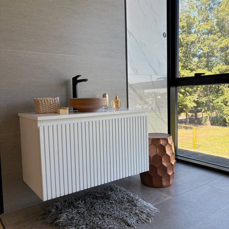 Selva Round Vessel Ceramic Concrete Sink - Smooth Aquamarine Ceramic Interior with Textured Mocha Exterior