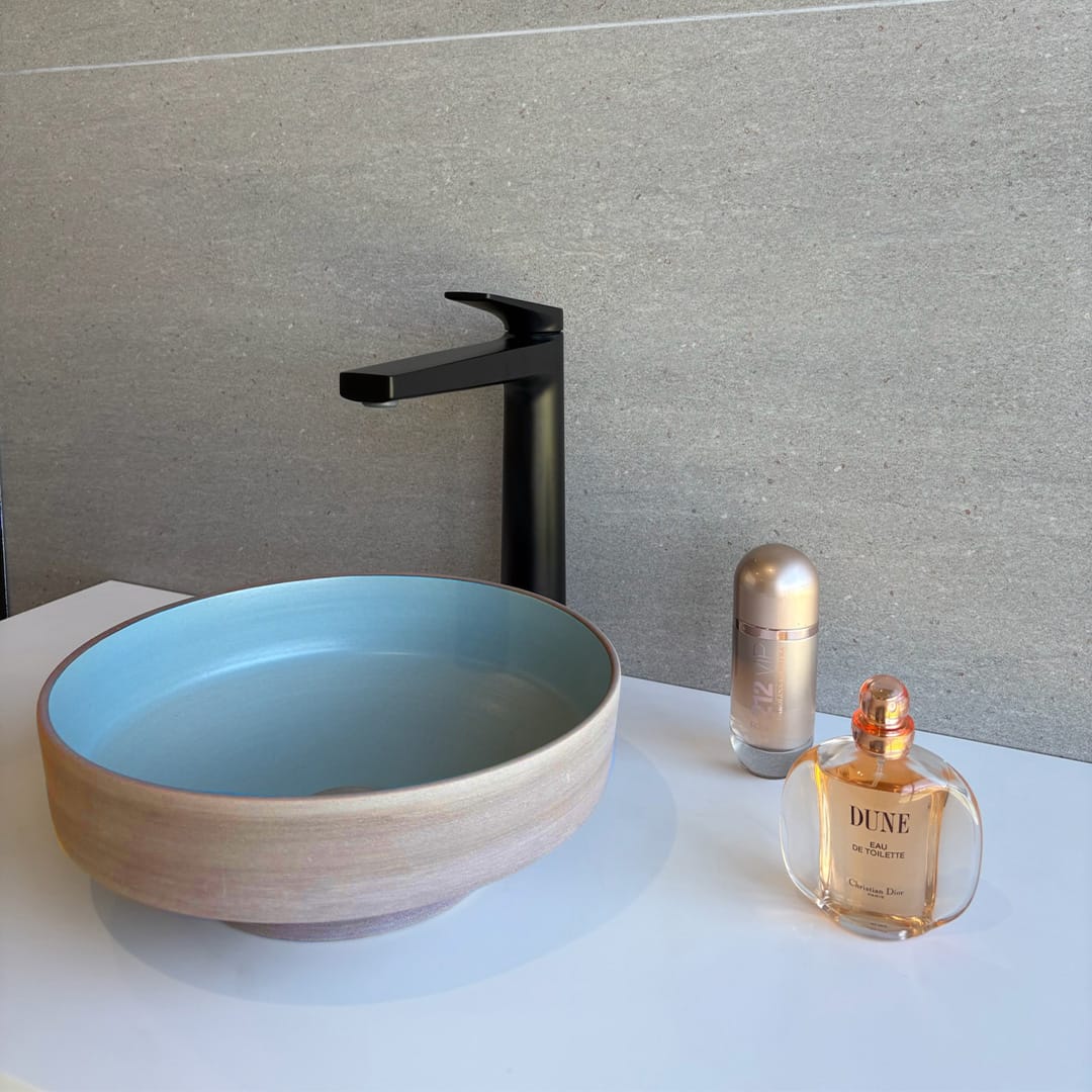 Selva Round Vessel Ceramic Concrete Sink - Smooth Aquamarine Ceramic Interior with Textured Mocha Exterior