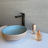 Selva Round Vessel Ceramic Concrete Sink - Smooth Aquamarine Ceramic Interior with Textured Mocha Exterior