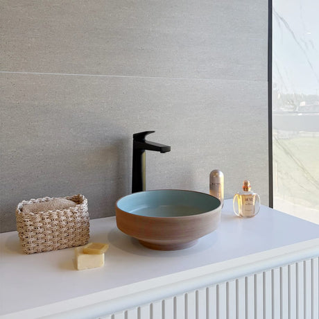 Selva Round Vessel Ceramic Concrete Sink - Smooth Aquamarine Ceramic Interior with Textured Mocha Exterior