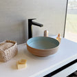 Selva Round Vessel Ceramic Concrete Sink - Smooth Aquamarine Ceramic Interior with Textured Mocha Exterior