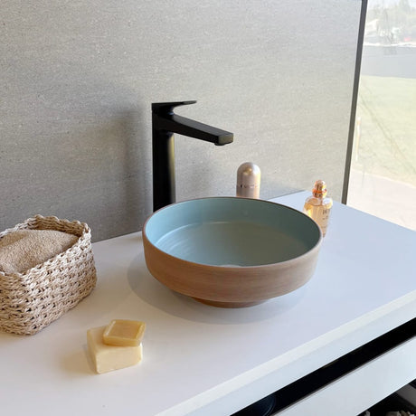 Selva Round Vessel Ceramic Concrete Sink - Smooth Aquamarine Ceramic Interior with Textured Mocha Exterior
