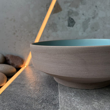 Selva Round Vessel Ceramic Concrete Sink - Smooth Aquamarine Ceramic Interior with Textured Mocha Exterior