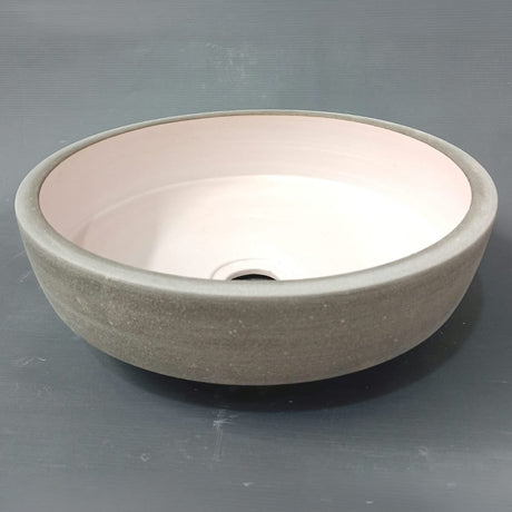 Selva Round Vessel Ceramic Concrete Sink - Smooth White Ceramic Interior with Textured Light Grey Exterior