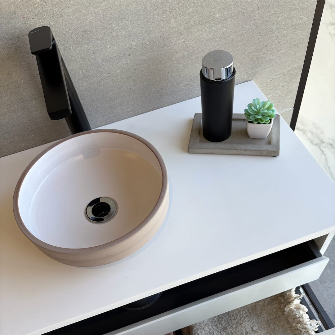 Selva Round Vessel Ceramic Concrete Sink - Smooth White Ceramic Interior with Textured Sand Exterior