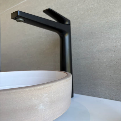 Selva Round Vessel Ceramic Concrete Sink - Smooth White Ceramic Interior with Textured Sand Exterior