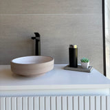 Selva Round Vessel Ceramic Concrete Sink - Smooth White Ceramic Interior with Textured Sand Exterior